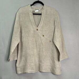 Harve Benard Top Womens Size L Color Oatmeal V-Neck 3/4 Sleeves Lagenlook button